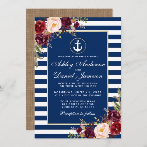 Wedding Burgundy Nautical Blue Stripes Invite B
