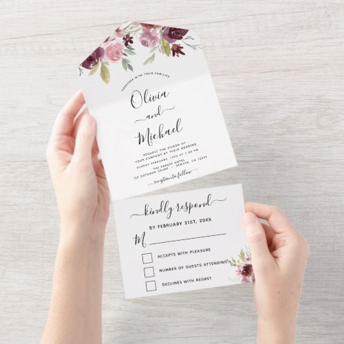 Wedding Burgundy Pink Floral Flowers RSVP All In One Invitation