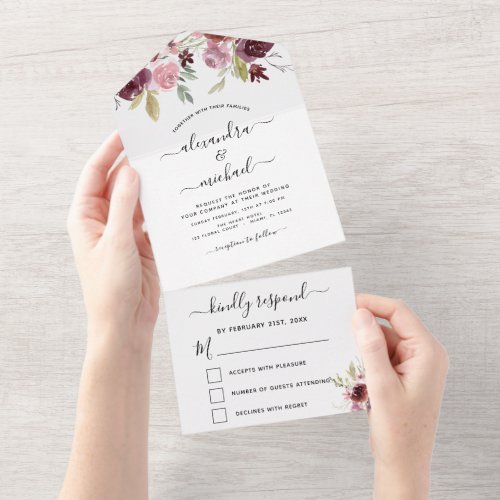 Wedding Burgundy Pink Floral Flowers RSVP All In One Invitation