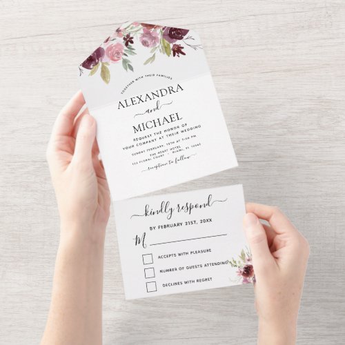 Wedding Burgundy Pink Floral Flowers RSVP All In One Invitation