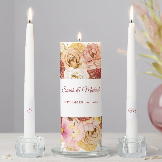 Wedding Burgundy Rose Gold Floral Unity Candle Set (In Situ)