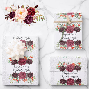 Wedding Burgundy Roses Personalize Names 3 Damask Wrapping Paper Sheets
