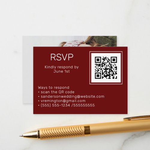 Wedding Burgundy RSVP Online QR Code Photo  Enclosure Card