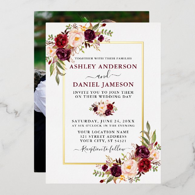Wedding Burgundy Watercolor Floral Photo Gold Foil Invitation (Front/Back)