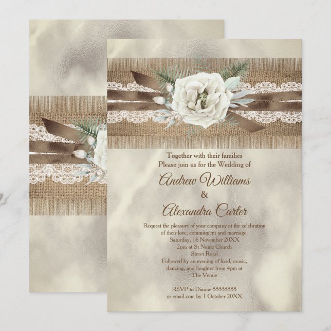 Wedding Burlap Beige White Rose Lace Bow Invitation (Front/Back)