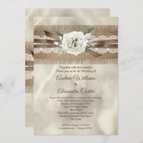 Wedding Burlap Beige White Rose Lace Bow Invitation