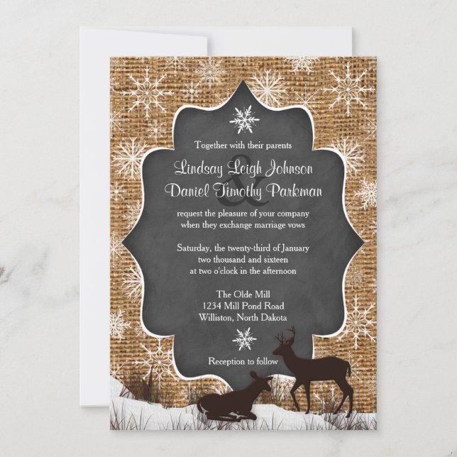 Wedding | Burlap | Deer | Snowflakes | Chalkboard Invitation (Front)