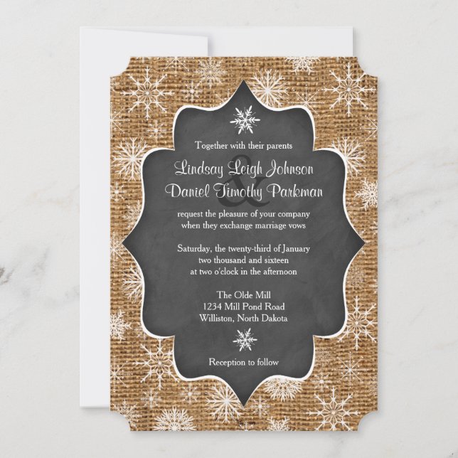 Wedding | Burlap | Snowflakes | Chalkboard Invite (Front)