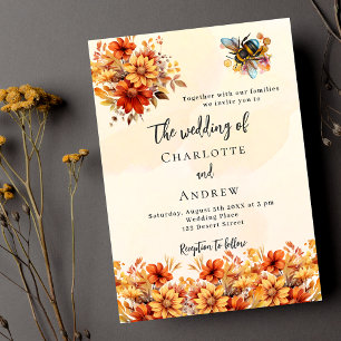 Wedding burnt orange fall florals bee invitation postcard