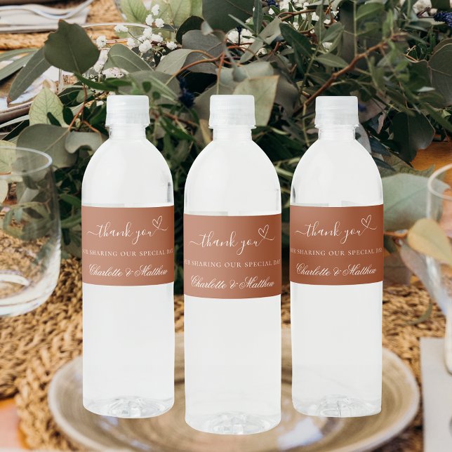 Wedding burnt orange terracotta heart thank you water bottle label (Creator Uploaded)