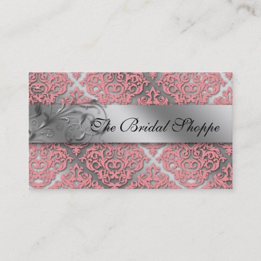 Customizable Wedding Business Card Damask Floral Baby Pink