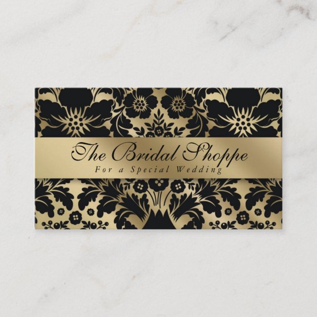 Wedding Business Card Damask Floral Gold Black (Front)