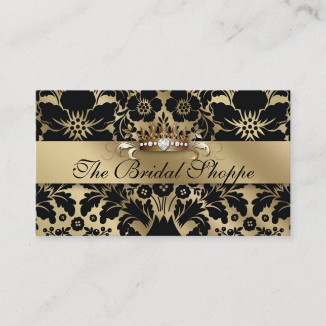 Wedding Business Card Damask Floral Gold Crown (Front)