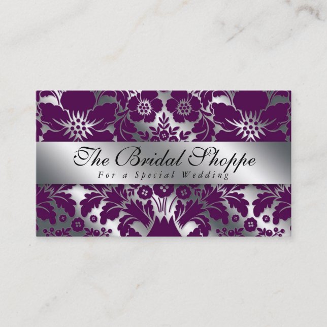 Wedding Business Card Damask Floral Purple Silver (Front)