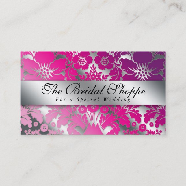 Wedding Business Card Damask Floral Silver PP (Front)