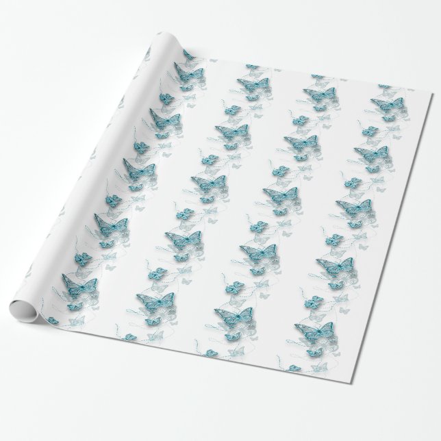 Wedding butterfly blue white wrapping paper (Unrolled)