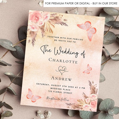 Wedding butterfly pampas grass blush boho invitation postcard