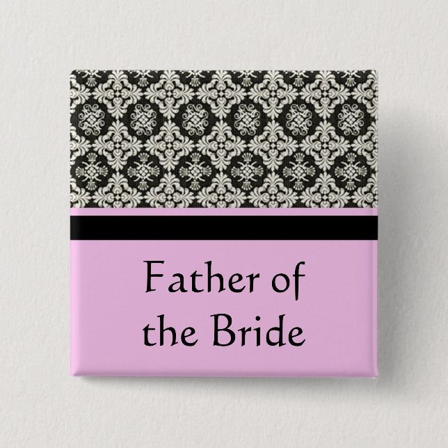 wedding buttons, damask and pink strip color pinback button (Front)