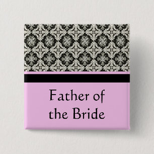 wedding buttons, damask and pink strip color pinback button