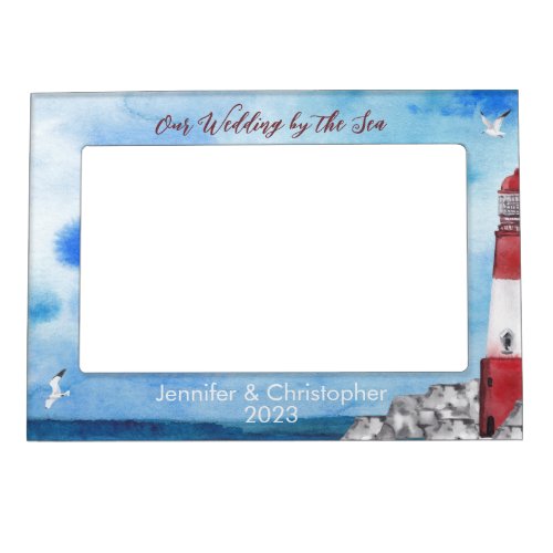 Wedding by the Sea Lighthouse Watercolor Scene Magnetic Frame