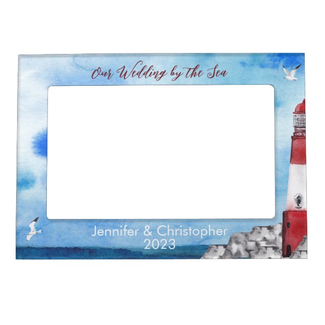 Wedding by the Sea Lighthouse Watercolor Scene Magnetic Frame (Front)