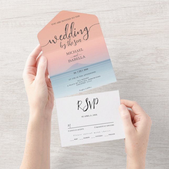 Wedding by the sea under peachy sky sunset all in one invitation (Tearaway)