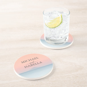 Wedding by the sea under peachy sky sunset coaster