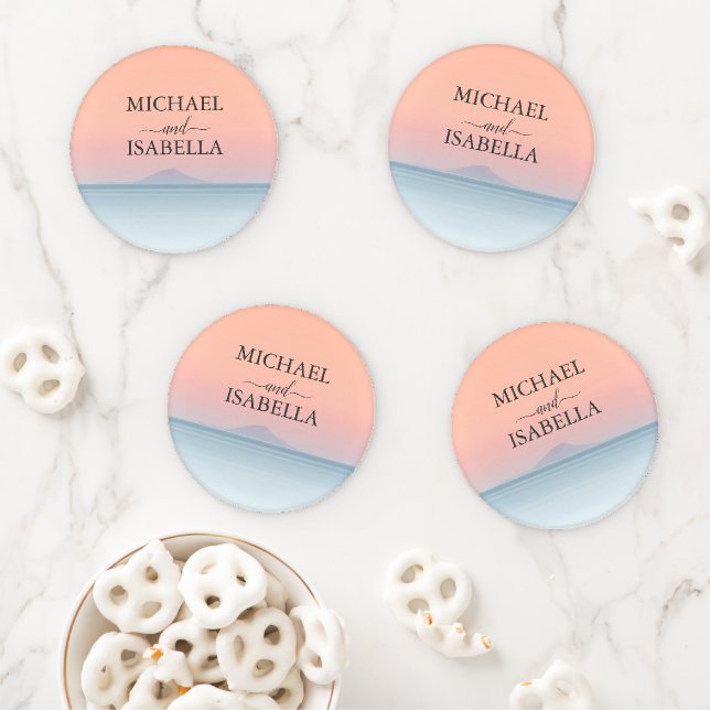 Wedding by the sea under peachy sky sunset coaster set (In Situ)
