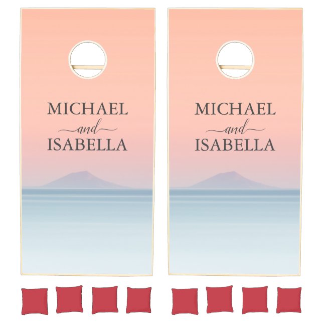 Wedding by the sea under peachy sky sunset cornhole set (Set)