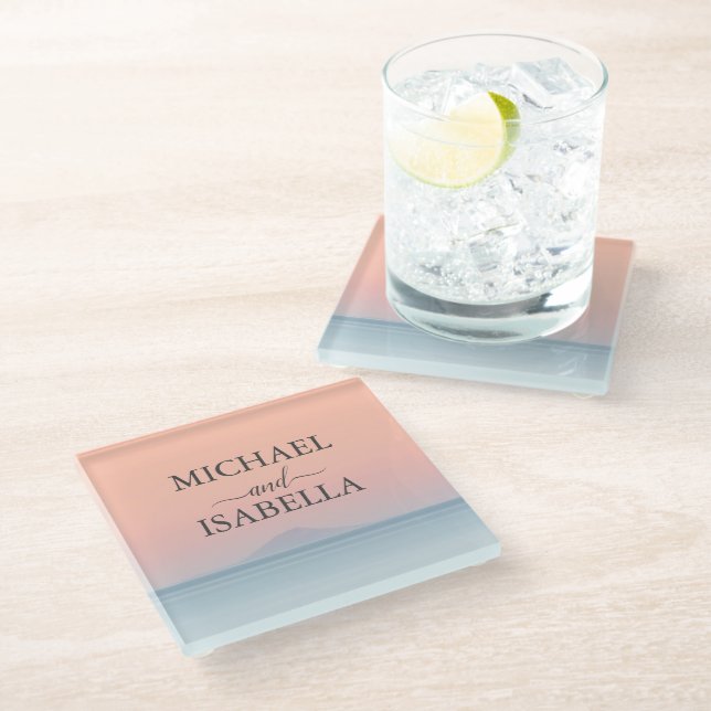 Wedding by the sea under peachy sky sunset glass coaster (Angled)