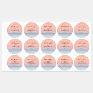 Wedding by the sea under peachy sky sunset labels