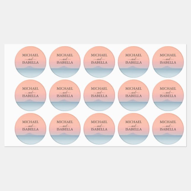 Wedding by the sea under peachy sky sunset labels (Sheet)