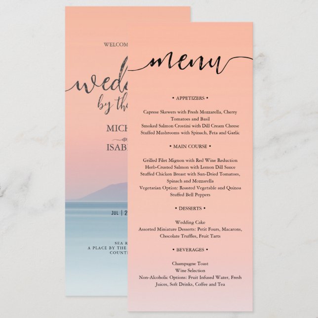 Wedding by the sea under peachy sky sunset menu (Front/Back)