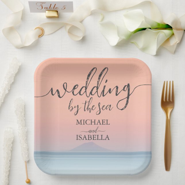 Wedding by the sea under peachy sky sunset paper plates (Wedding)
