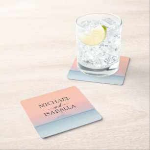 Wedding by the sea under peachy sky sunset square paper coaster
