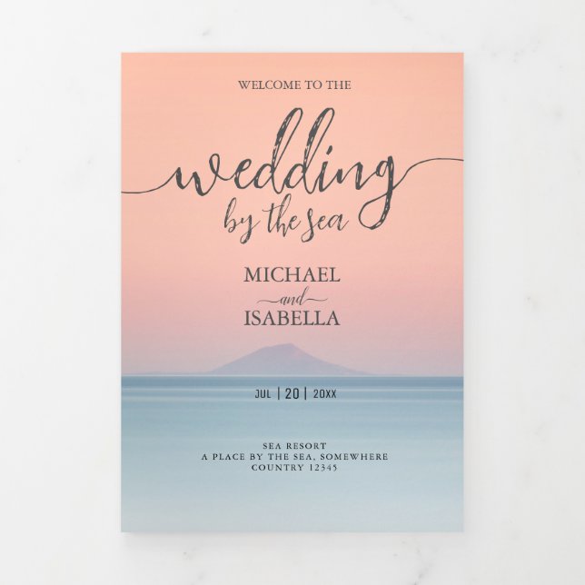Wedding by the sea under peachy sky sunset Tri-Fold program (Cover)