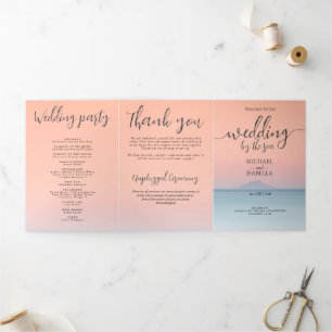 Wedding by the sea under peachy sky sunset Tri-Fold program