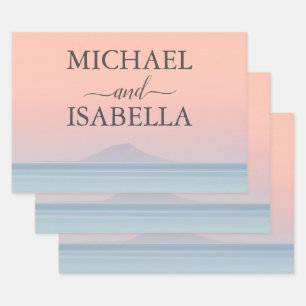 Wedding by the sea under peachy sky sunset wrapping paper sheets