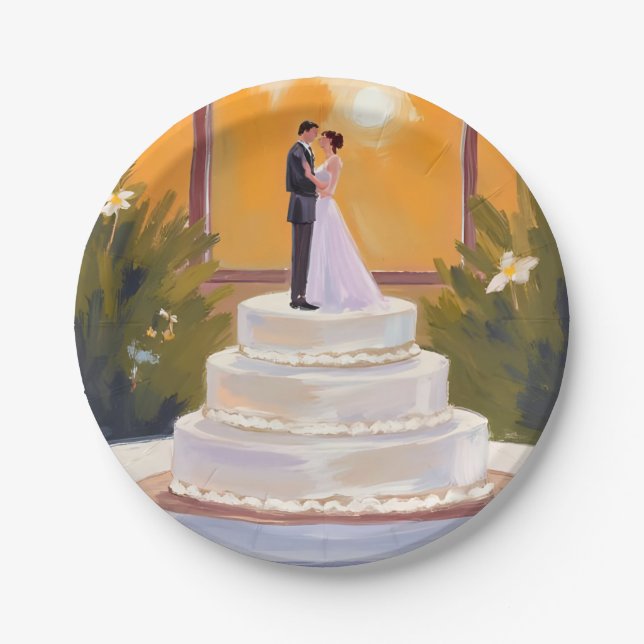 Wedding Cake Bride & Groom Brunette Watercolor Paper Plates (Front)