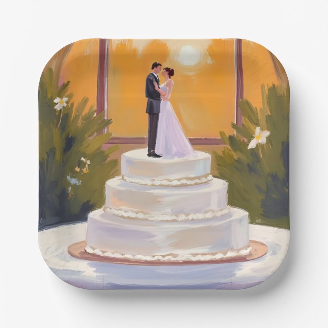 Wedding Cake Bride & Groom Brunette Watercolor Paper Plates (Front)