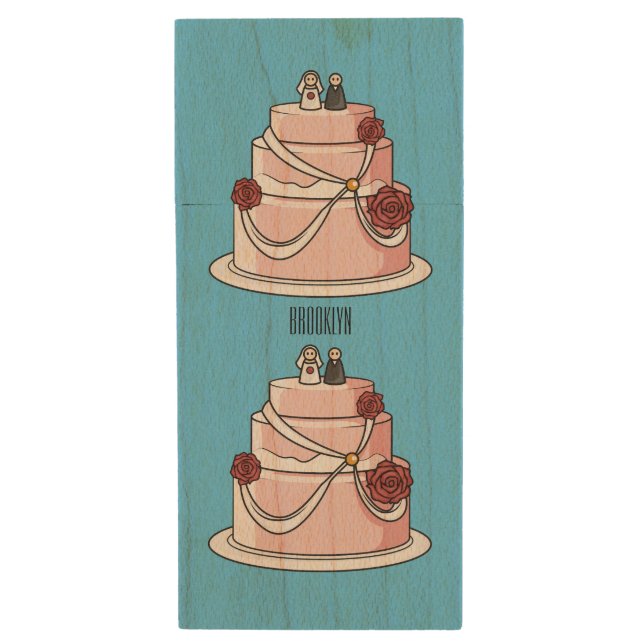 Wedding cake cartoon illustration  wood flash drive (Front Vertical)