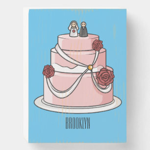Wedding cake cartoon illustration  wooden box sign