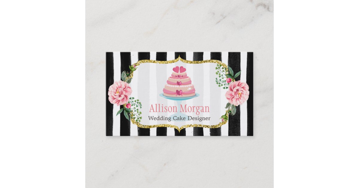Wedding Cake Design Gold Pink Floral Striped Business Card | Zazzle