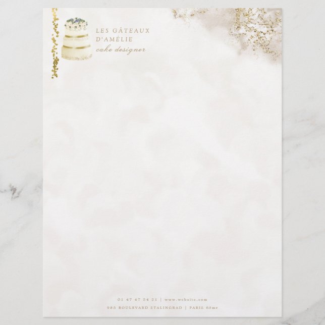 Wedding Cake Designer Bakery Gold Marble Letterhead (Front)