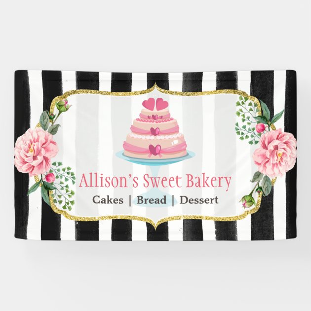 Wedding Cake Designer Gold Pink Floral Striped Banner