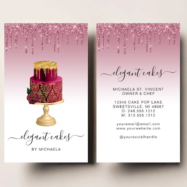 Wedding Cake Glitter Drip Burgundy Bakery Business Card (Creator Uploaded)