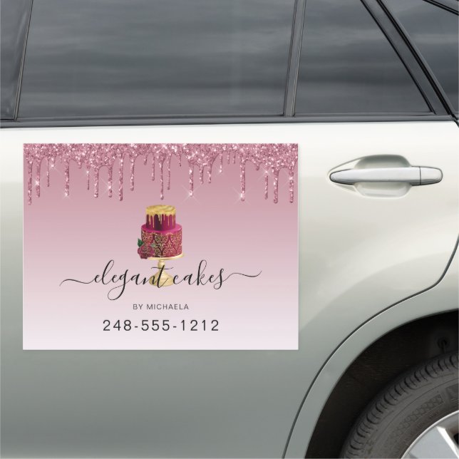 Wedding Cake Glitter Drip Burgundy Bakery Car Magnet (In Situ)