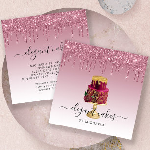 Wedding Cake Glitter Drip Burgundy Bakery Square Business Card