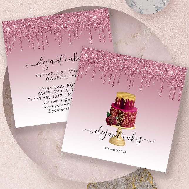 Wedding Cake Glitter Drip Burgundy Bakery Square Business Card (Creator Uploaded)
