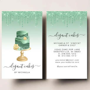 Wedding Cake Glitter Drip Mint Green Bakery Business Card